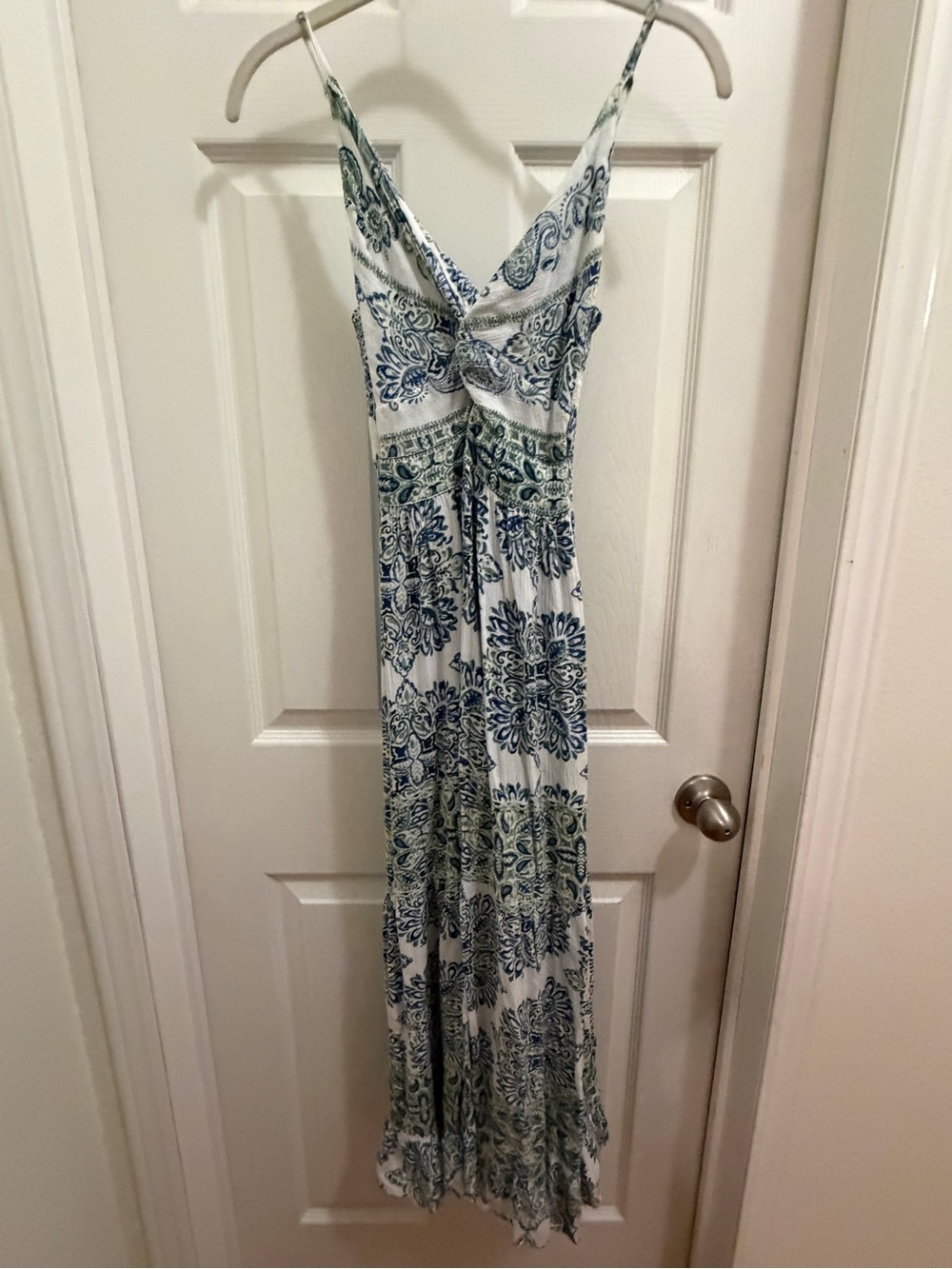 Angie Blue and White Paisley Twist-Front Maxi Dress